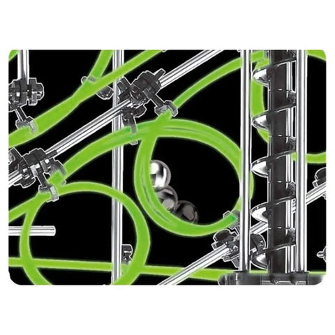 Close-up of loops and steel balls in 867 Piece Marble Roller Coaster Kit With Glow In The Dark Space Rail STEM Model Building Set