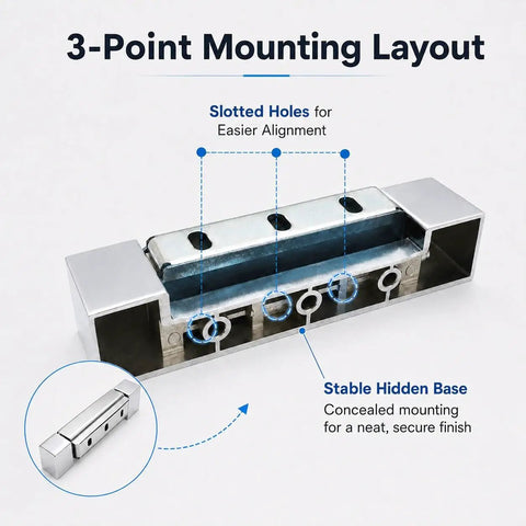 Beefy Industrial Zinc Alloy Freezer Door Hinge Rock Solid Concealed Cover For Walk In Coolers Built Damn Tough showing 3-point mounting layout and slotted holes.