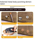 Thickened metal body punch demonstration with 8mm, 10mm, 12mm, 15mm apertures showing tool usage on wood and sample punched holes.