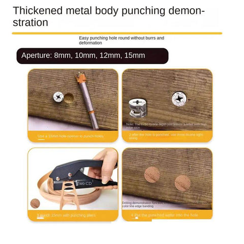 Thickened metal body punch demonstration with 8mm, 10mm, 12mm, 15mm apertures showing tool usage on wood and sample punched holes.
