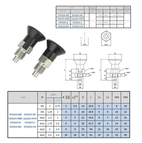 Kickass Indexing Plunger Pin With Quick Turn Aluminum Knob Self Locking Return Type Thread Locator Built Tough For Daily Grind Machines. Diagram and specifications.