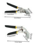 Two In One Metal Bending Pliers Set with Straight and Curved Jaw for stainless steel, dimensions shown in inches for each tool.