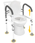 Deluxe Adjustable And Foldable Toilet Safety Frame With Handrail Grab Bar For Seniors shown around a white toilet