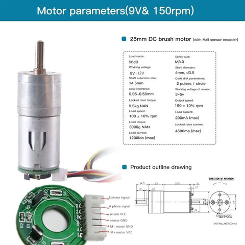 25mm DC brush motor with hall sensor encoder, showing motor parameters and product outline, for Shock Absorption Robot Tank Chassis.