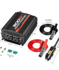 Ride Ready 500W Car Power Inverter Converts 12V DC To 110V AC With Dual USB Ports And Slick Compact Build, includes cables and fuses.