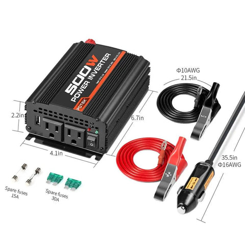 Ride Ready 500W Car Power Inverter Converts 12V DC To 110V AC With Dual USB Ports And Slick Compact Build, includes cables and fuses.