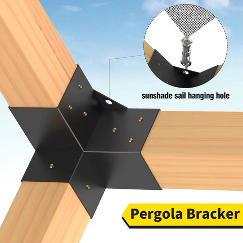 3 Way Right Angle Pergola Brackets For 4x4 Lumber DIY Kit With Screws shown on wood post, features sunshade sail hanging hole