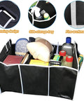 Car Trunk Folding Storage Organizer With 3 Compartments, Large Capacity Cargo Box, Insulated And Waterproof Trunk Bags filled with items