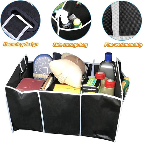 Car Trunk Folding Storage Organizer With 3 Compartments, Large Capacity Cargo Box, Insulated And Waterproof Trunk Bags filled with items