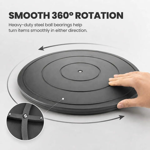 No Fuss 18 Inch Lazy Susan Turntable Dead Solid Swivel Cabinet Tray With Steel Ball Bearings showing smooth 360° rotation with hand.