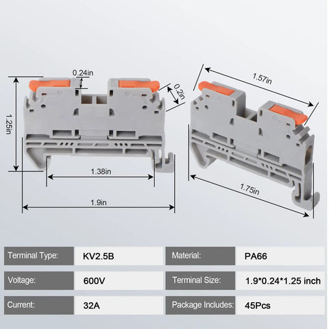 Diagram showing Pro Grade Rail Type Terminal Block Kit with 12.6 Inch DIN Rail Included KV2.5B 600V 32A dimensions and specs