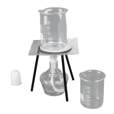 Durable Chemistry Lab Kit With Beaker Set For Students Classroom Demonstrations And Heating Experiments Thick Glass 150ml And 250ml Beakers Safe Non Slip Hands On Science Tools showing 250ml beaker, tripod and ethanol burner.