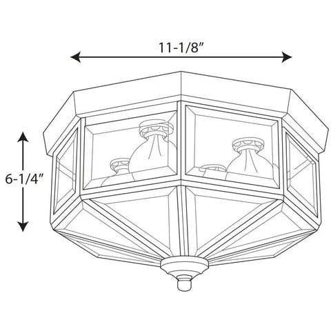 Line drawing of 4 Light Beveled Glass Close To Ceiling Indoor Light Fixture In Antique Bronze With Clear Geometric Panels Model P5789 20