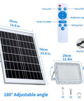 Diagram showing dimensions and features of Beast Bright 300W Solar Flood Light with remote control and accessories