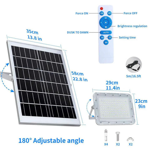 Diagram showing dimensions and features of Beast Bright 300W Solar Flood Light with remote control and accessories