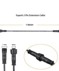 Kick Ass 2 Pin Extension Cable For LED Deck And Garden Spike Lights Featuring Waterproof IP67 Plugs length 1 meter with connectors visible.
