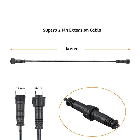 Kick Ass 2 Pin Extension Cable For LED Deck And Garden Spike Lights Featuring Waterproof IP67 Plugs length 1 meter with connectors visible.