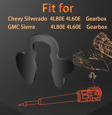 Diagram of Beefed-Up Shift Cable Clips 10-Pack For Chevy Silverado And GMC Sierra Transmissions, highlighting fitment for 4L80E 4L60E gearboxes.