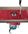 Top view of Beefed Up Router Lift System For Woodworking, Easy Lift Base Kit with red plate and adjustment lever, fits 46 To 65.5mm motors.