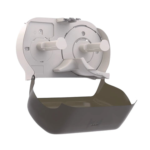 Interior view of Twin Jumbo Toilet Paper Roll Dispenser with Refill Indicator Window and Built in Lock for high capacity bathrooms.