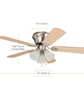 Wyman Brushed Nickel Flush Mount Ceiling Fan With Light 42 Inch Hugger Bedroom Fan Five Blades Frosted Ribbed Glass