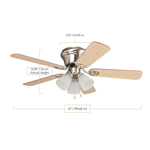 Wyman Brushed Nickel Flush Mount Ceiling Fan With Light 42 Inch Hugger Bedroom Fan Five Blades Frosted Ribbed Glass