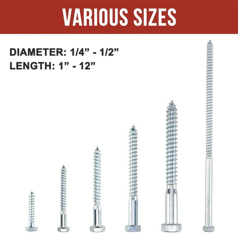 Various sizes of hex head screws ranging in diameter from 1/4" to 1/2" and length from 1" to 12" against a white background.