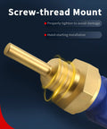 Close-up of engine coolant temperature sensor with brass tip, screw-thread mount, blue housing
