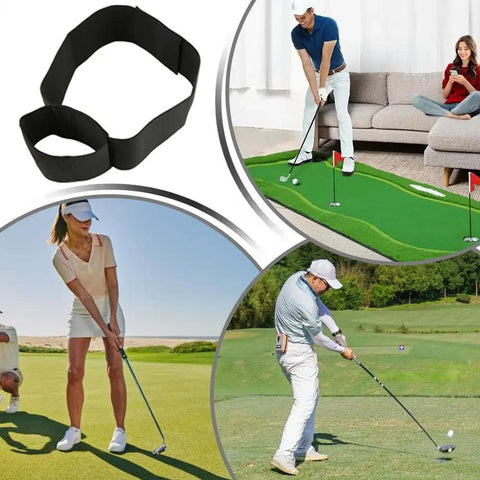 Real Time Golf Swing Trainer Arm Band for Connection and Stability, showing use in home and outdoor golf practice.