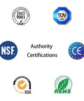 Certification logos including NSF, ISO, CE, TÜV, SGS, and RoHS for the NSF Certified 1/4 Inch Push To Connect Fittings For RO Water Filter Kit.