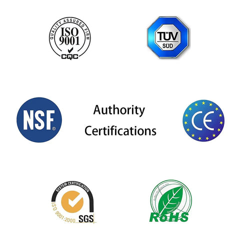 Certification logos including NSF, ISO, CE, TÜV, SGS, and RoHS for the NSF Certified 1/4 Inch Push To Connect Fittings For RO Water Filter Kit.