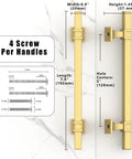 10 Pack Brushed Gold Cabinet Pulls 5 Inch 128mm Kitchen Cabinet Handles with dimensions and installation details shown for doors and drawers