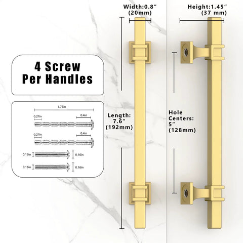 10 Pack Brushed Gold Cabinet Pulls 5 Inch 128mm Kitchen Cabinet Handles with dimensions and installation details shown for doors and drawers