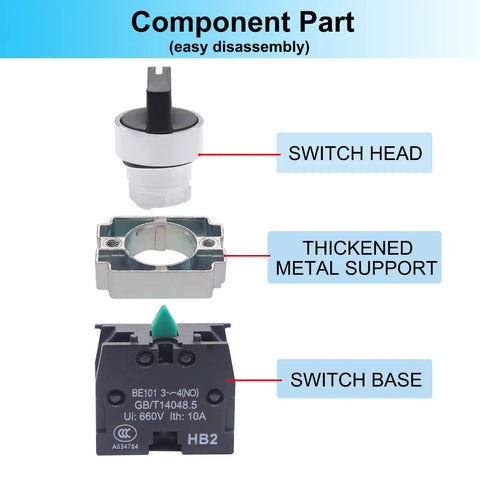 2 Pack 22mm 2 Position Maintained Selector Switch 1NO 10A 440V Latching Rotary Switch With Metal Head For Industrial Control Panels And Machine Control Push Button Style HB2 BD21, exploded view