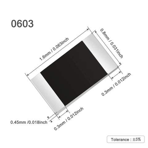 0603 SMD resistor chip with black body and silver end caps; size diagram shows 1.6 × 0.8 × 0.3 mm
