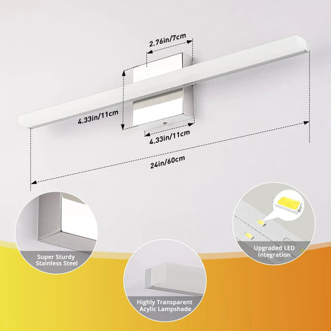Diagram of Vanity Light Bars for Bathroom Above Mirror Chrome Finish 24 Inch LED 14W Natural White 4000K Soft Shadow Free Wall Lamp