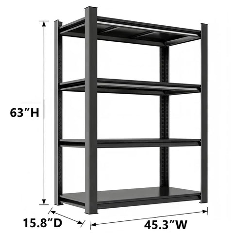 Garage Shelves 4 Tier Metal Storage Rack In Black 63 Inch High By 45 Inch Wide By 16 Inch Deep Heavy Duty Shelving side view