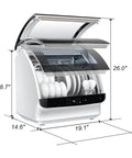 Slick Tabletop Dishwasher With Built In Water Tank And Clear Glass Front dimensions 19.1x14.6x26 inches for easy kitchen cleanup.