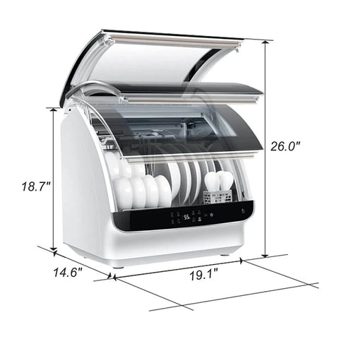 Slick Tabletop Dishwasher With Built In Water Tank And Clear Glass Front dimensions 19.1x14.6x26 inches for easy kitchen cleanup.