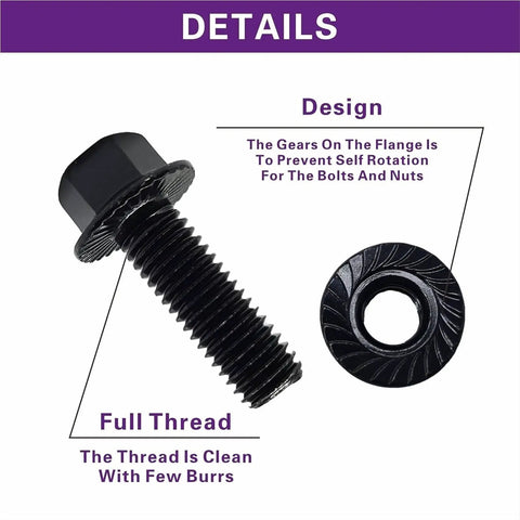 All In One 272 Piece Flange Hex Bolts And Nuts Combination Kit With Washers M6x1.0 M8x1.25 M10x1.5 Grade 10.9 showing bolt design