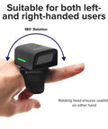 Hands Free Ring Barcode Scanner 1D 2D QR Wearable Finger Reader With Bluetooth USB 2.4GHz shown on left hand with rotation feature