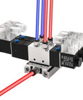 Twin Solenoid Pneumatic Valve 5 Way 3 Position 24VDC PT1/4 Internal Pilot Manifold Base Muffler Quick Fittings Set