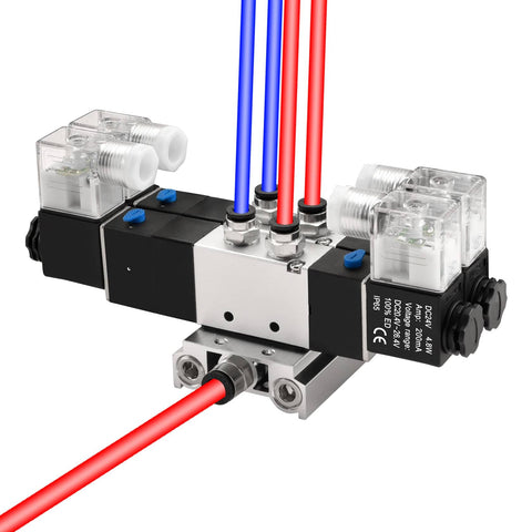 Twin Solenoid Pneumatic Valve 5 Way 3 Position 24VDC PT1/4 Internal Pilot Manifold Base Muffler Quick Fittings Set