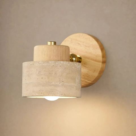 IPEDWO Yellow Travertine Wall Sconce with Natural Wood,4.7" Single Sconce showcasing beige travertine shade and wooden backplate.