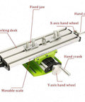 Miniature Precision Milling Machine Bench Drill Vise Fixture With Adjustable X And Y Axis Worktable For Precise Milling Drilling And Machining Compact DIY Vise Station For Hobbyists And Makers Coordinate Setup, green metal worktable with hand cranks