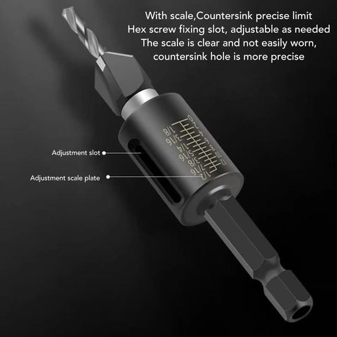 Heavy Duty 4 Flute Step Drill Bit Set With M2 HSS Tapered Guide For Precision Punching And Drilling Woodworking Projects Plus Depth Control Stop Kit For #10 Screws And 82 Degree Countersinks On Sheet Metal, adjustable depth scale