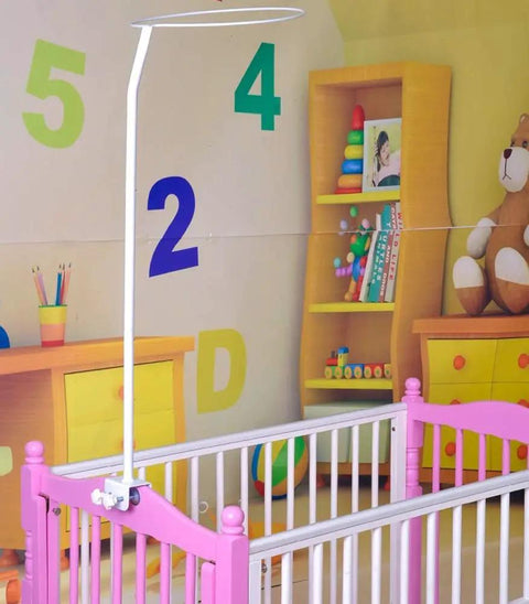 Hassle Free Universal Crib Canopy Holder Adjustable Metal Clamping Stand positioned over a pink crib for baby mosquito nets.