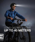 Cyclist wearing Two Pack Universal LED Headlamps With Batteries Included For Outdoors Camping Hiking And Emergency Use Ultra Bright Hands Free Light