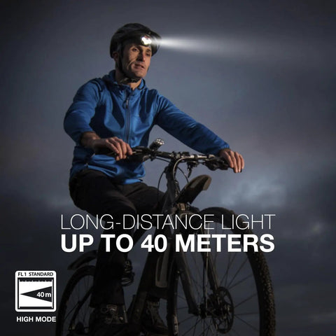 Cyclist wearing Two Pack Universal LED Headlamps With Batteries Included For Outdoors Camping Hiking And Emergency Use Ultra Bright Hands Free Light