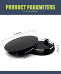 4 Pack Snap On Car Wheel Hub Center Caps featuring black ABS build, dimensions shown, designed for quick installation.